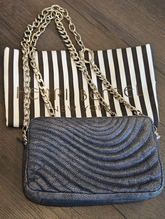 henri bendel Handbags - Henri Bendel Blue Stingray Embossed Leather Double Zip Chain 2-Way Bag + Dusty
